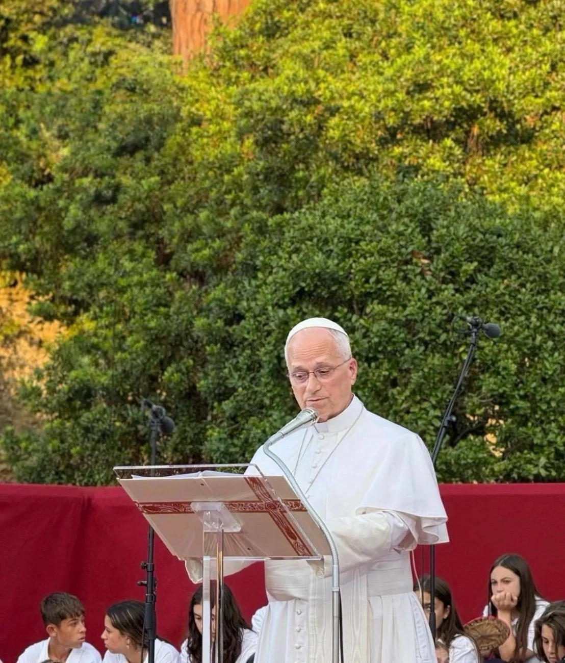 Pope Leo XIV addresses the gathering at Castel Gandolfo